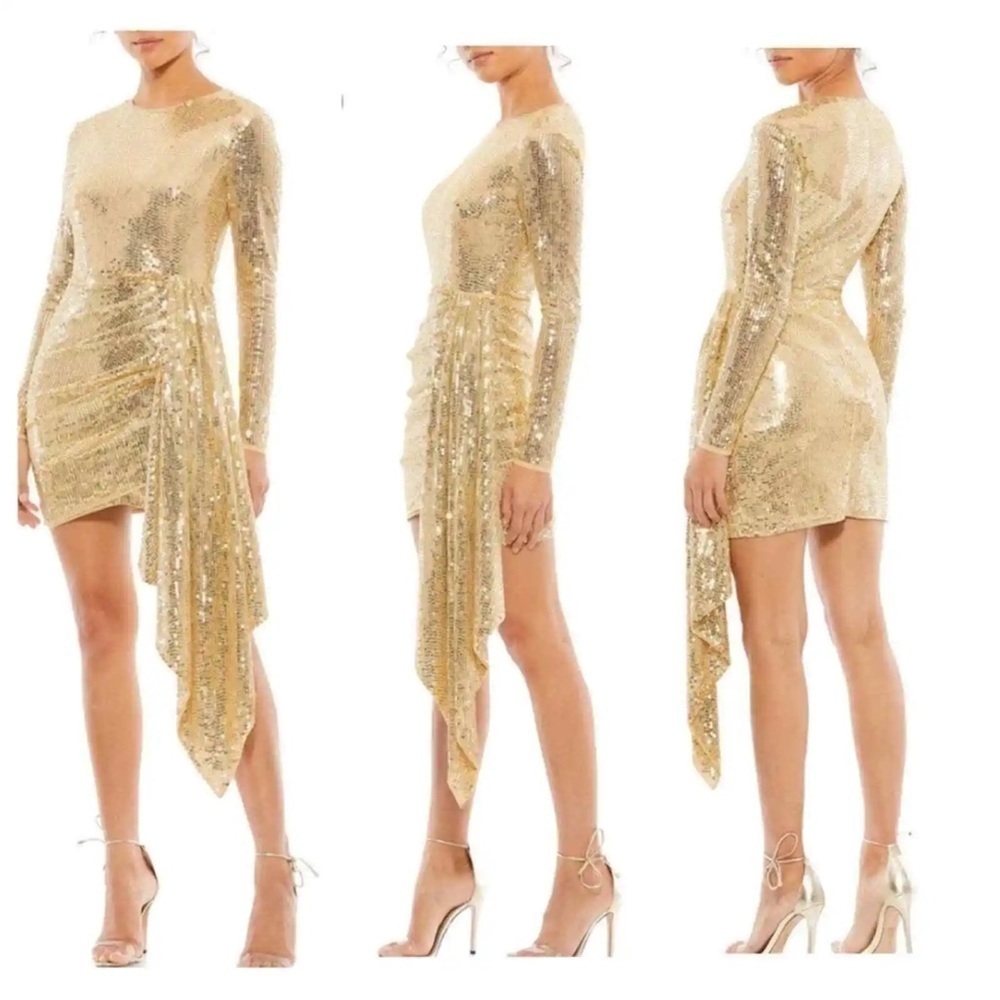 Mac Duggal Women's Mini Gathered Gold Sequin Cocktail Dress Size 12.